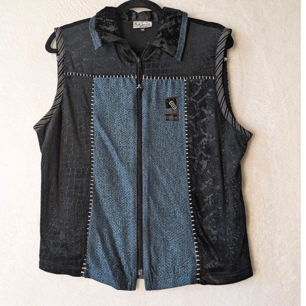 Kd Spring Vest Women M Black Blue Vintage Mixed Media Snakeskin Zip Up 90s USA